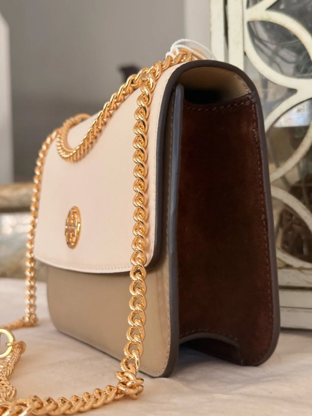 New Tory Burch COLOR-BLOCK SHOULDER BAG BRIE / ALMOND / COLD BREW